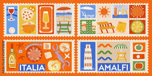 Italian and Amalfi Coast Travel Stamps with Food Landmarks and Scenery