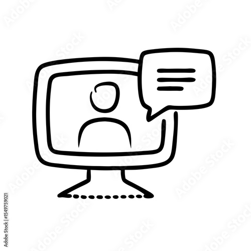Computer monitor displaying a person talking with speech bubble icon  