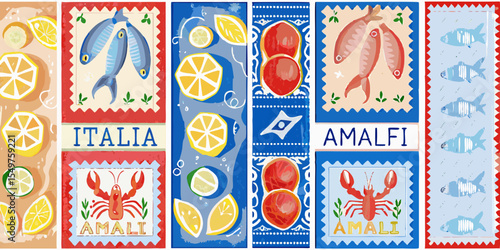 Hand Drawn Amalfi Coast Inspired Pattern with Fish Lemons and Lobster