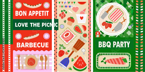Colorful Picnic and Barbecue Party Illustration with Food and Decorations