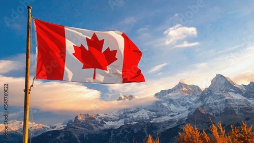 Canadian flag with mountains in background