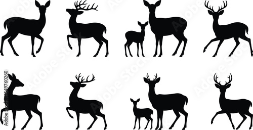 Silhouette vector illustration of deer in various poses including buck, doe, and fawn in standing and walking positions