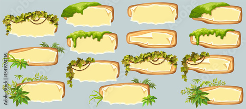 Wooden signboards with old paper, stems ivy, liana, grapes, vine, swamp moss, forest lichen. Set blank invitations, maps, jungle plants. 3d elements for messages, banners, notebooks, mobile games.