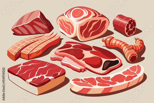 Assorted Raw Meat Cuts Red and Pink Tones beef pork