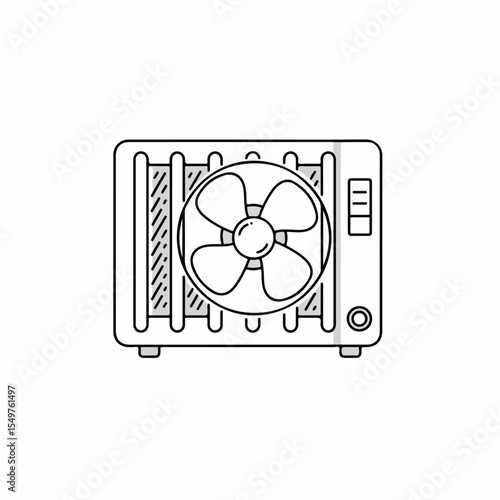 Simple black outline fan heater, essential appliance for warming indoor spaces. Electric fan heater includes basic controls, air vents, and turning fan blades.