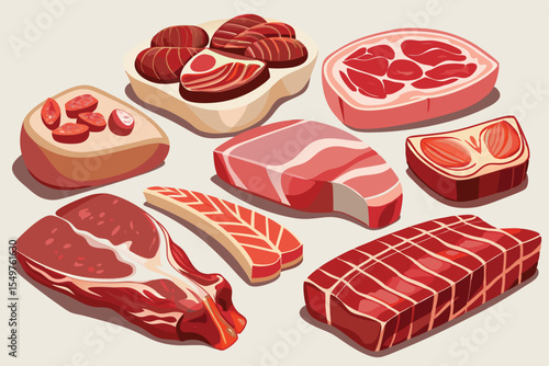 Assorted Raw Meat Cuts Red Pink Beige Colors Illustration