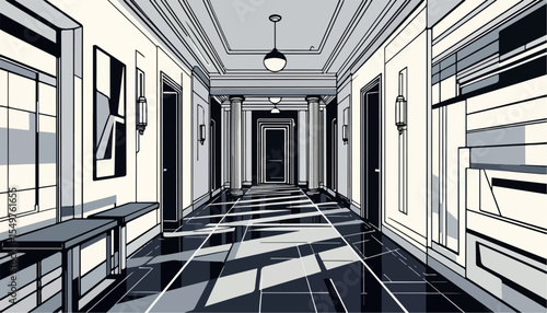 Elegant hallway interior design with black and white floor. Long corridor with columns and doors. Classic hallway style perfect for interior design projects and home decor magazines.