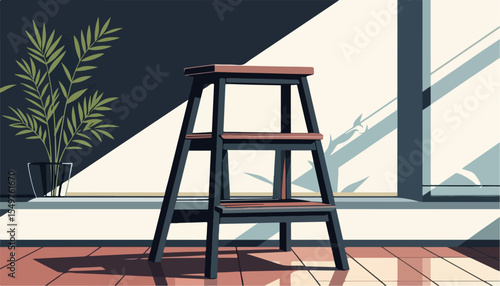 Modern three-step wooden stool in minimalist interior. Stylish dark wood step stool in sunlit room near window.