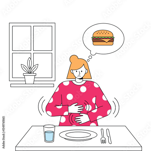 Woman with Stomach Ache Thinks of Burger