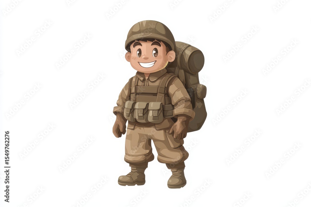 Cartoon Soldier Character with Backpack and Smiling Expression Cartoon Soldier Character with Backpack and Smiling Expression