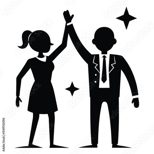 Black Silhouette Businesswoman Man High Five Celebration Success Stars white