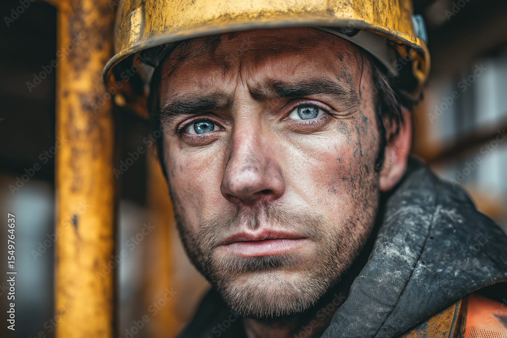Portrait of a rugged male builder with dirt on his face, standing in front of a scaffolding wall, intense eye contact. Portrait of a rugged male builder with dirt on his face, standing in front of a scaffolding wall, intense eye contact.