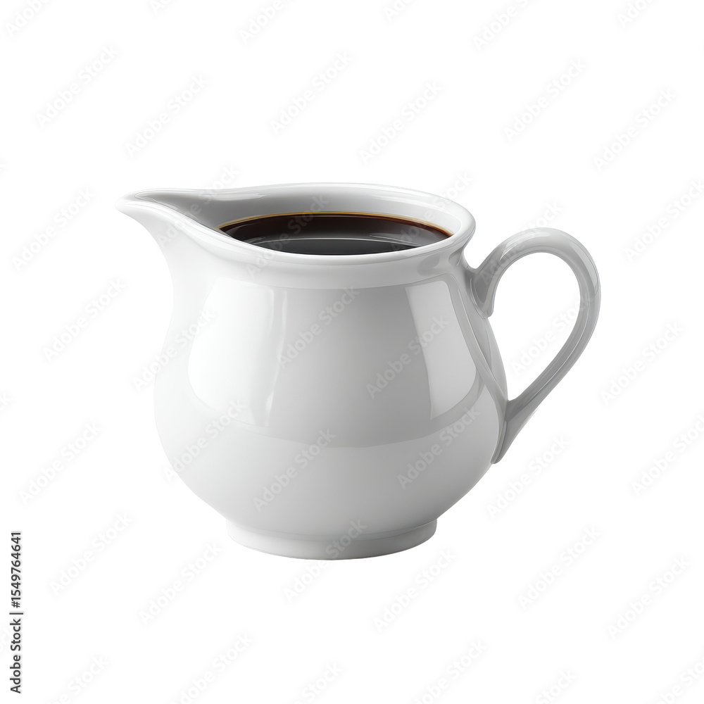 Elegant white porcelain creamer with dark coffee inside, perfect for serving beverages at a formal dining table on transparent background Elegant white porcelain creamer with dark coffee inside, perfect for serving beverages at a formal dining table on transparent background