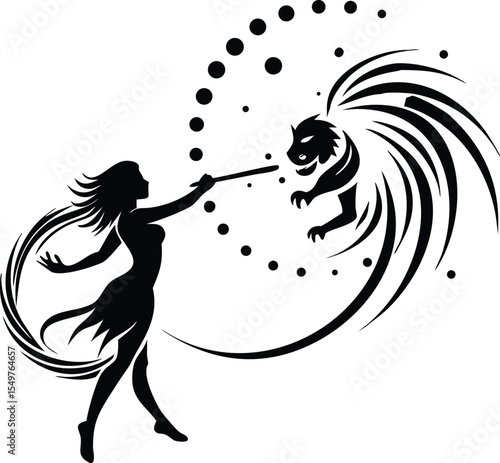 sorceress casting a spell on a mystical creature silhouette
