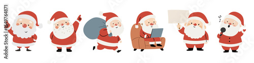 A set of flat vector Christmas illustrations. Cute Santa Clauses in different poses. Vector illustration
