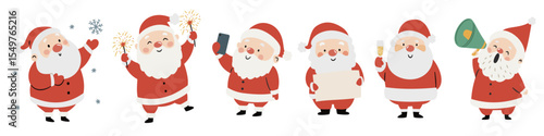 A set of flat vector Christmas illustrations. Cute Santa Clauses in different poses. Vector illustration