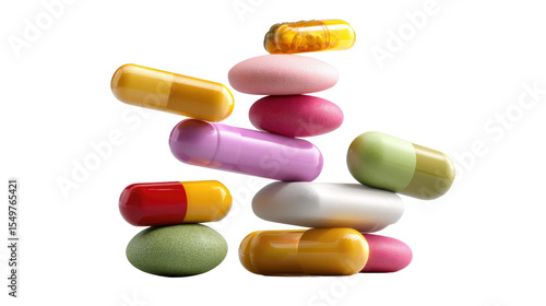 Pill Stack: A collection of colorful pills stacked in a precarious yet captivating display, showcasing the diverse forms of medication used in healthcare.