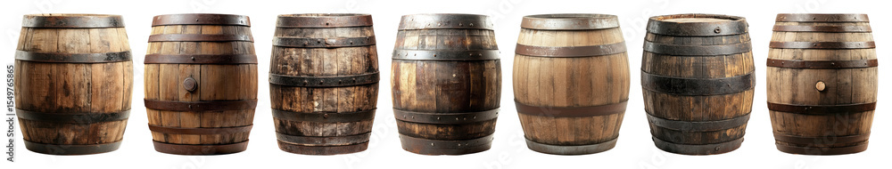 Fototapeta premium PNG Rustic wooden barrels collection, element set on transparent background