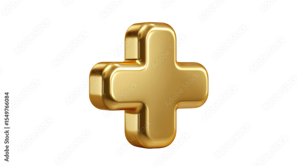Obraz premium Golden Plus Sign: A 3D rendering of a gleaming golden plus sign, symbolizing addition, positivity, and growth. The symbol is isolated against a clean background.