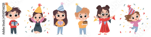A set of flat vector illustrations in a simple children's style. Cute kids celebrating birthday, jumping and having fun. Vector illustration