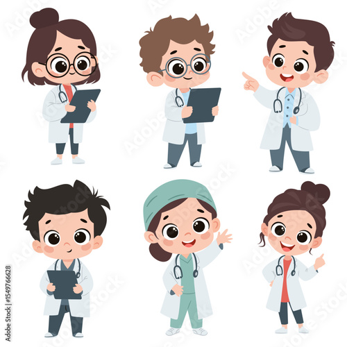 A set of flat vector illustrations in a simple children's style. Cute children in doctors costume, boys and girls on white background. Vector illustration