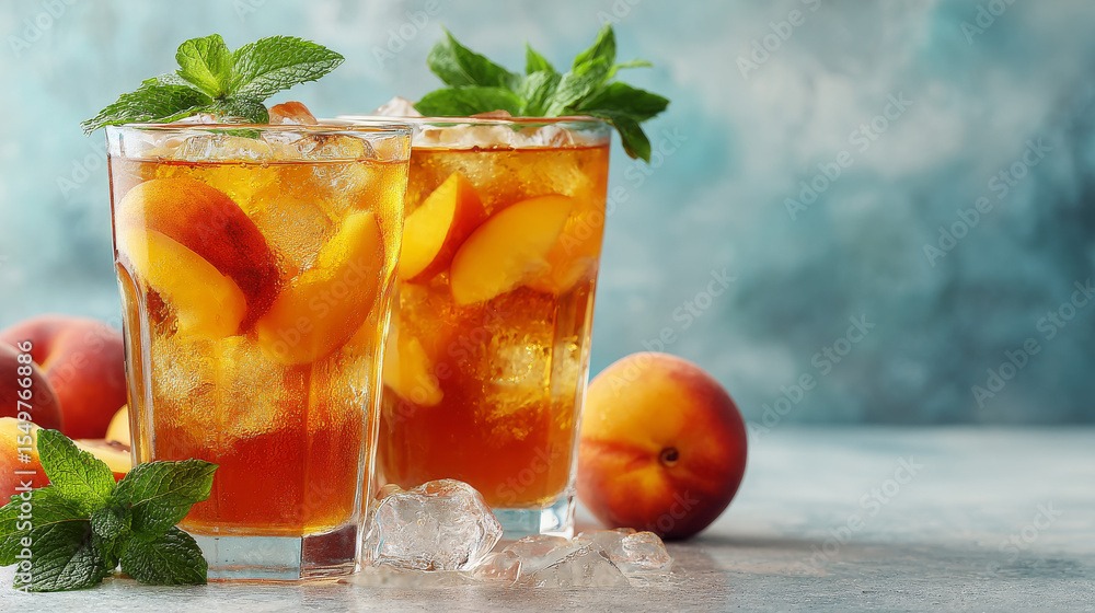 Fototapeta premium Two glasses of iced peach tea with mint stand on a white surface, perfect for summer refreshment or restaurant menus