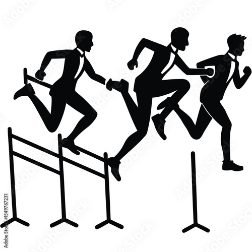 Businessmen in Suits Hurdle Race Competition Black Silhouettes Running Jumping businessman