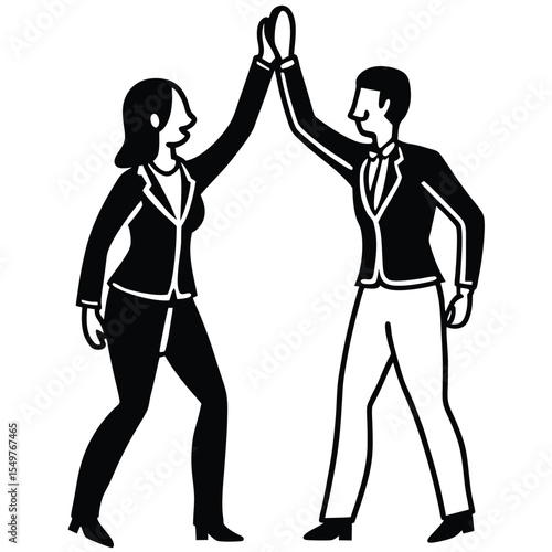 Businesswoman and Businessman High Five Black and White Illustration Teamwork Success