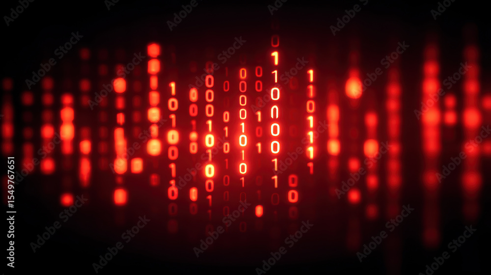 Fototapeta premium Close up of binary code digital display with glowing red numbers and data streams, representing technology and data processing