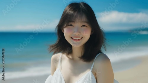 Woman in white summer dress – smiling seaside portrait in summer
