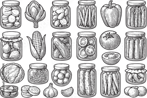 Detailed black-and-white sketch of various preserved vegetables in jars, including tomatoes, cucumbers, peppers, corn, beans, and garlic, with a rustic, hand-drawn style perfect for food packaging 