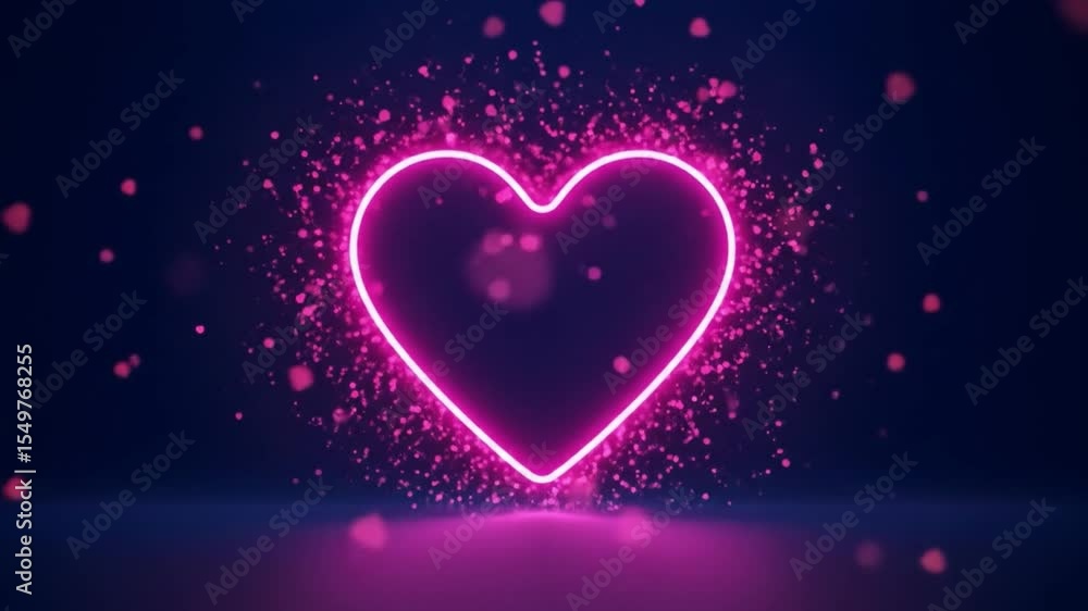 Glowing pink neon heart shape pulsating in dark space for romantic animation effect Glowing pink neon heart shape pulsating in dark space for romantic animation effect