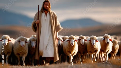 Shepherd and Flock: A serene scene of a shepherd leading his flock of sheep across a field, under the warm glow of the sun, with a sense of pastoral tranquility and guidance.