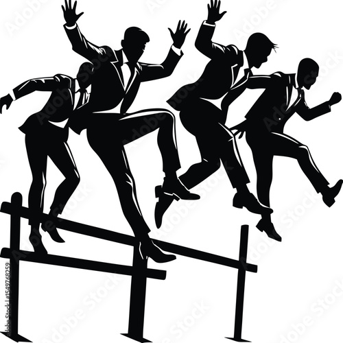 Four Men in Suits Jumping Over a Low Fence Black Silhouette Illustration hurdle
