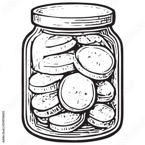 Detailed black-and-white sketch of preserved potatoes in a glass jar, showcasing a rustic, hand-drawn style ideal for food packaging or kitchen decor designs
