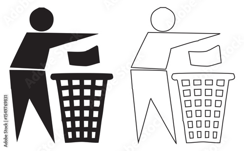 Man throw garbage, waste, trash, dust in dustbin icon set isolated. Vector illustration.