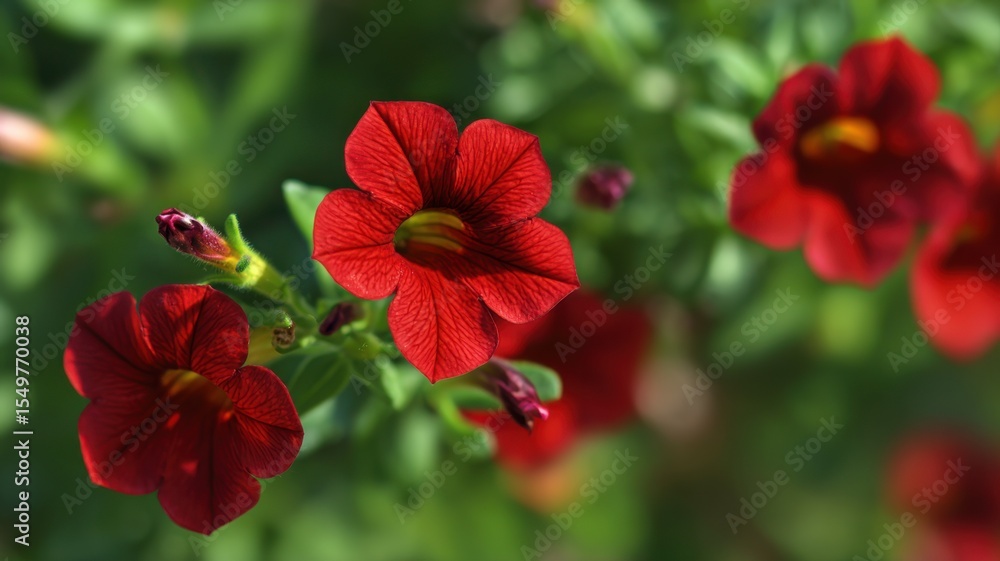 Close-up of vibrant red flowers with delicate veins, five petals, and yellowish-orange centers, surrounded by blooming buds and dark green leaves on soft blurred foliage background. Close-up of vibrant red flowers with delicate veins, five petals, and yellowish-orange centers, surrounded by blooming buds and dark green leaves on soft blurred foliage background.