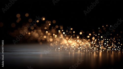 Abstract golden bokeh lights on a black background with reflection, magical ambiance