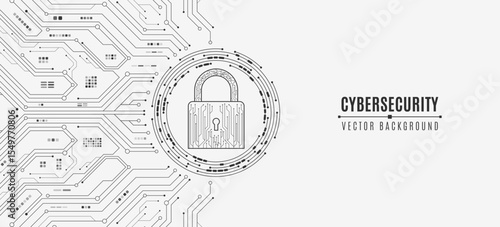 Cybersecurity digital lock icon with black circuit board pattern and electronic elements on white background. Futuristic UI design for data encryption and information security. Vector.