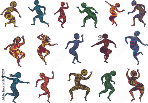 Illustration of colorful spiral dancing figures, isolated on white background