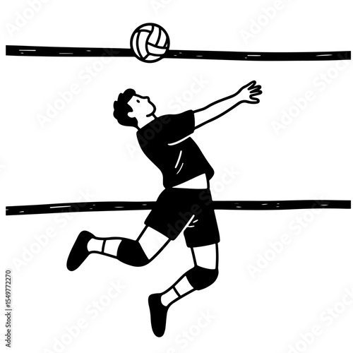 Black and white illustration of a volleyball player spiking the ball