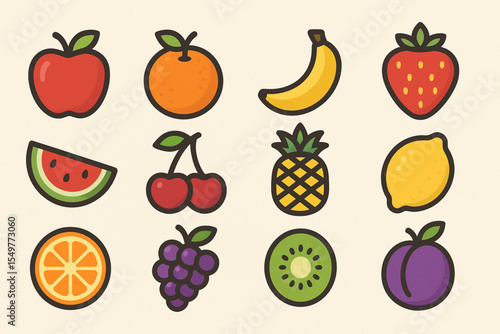 Wallpaper Mural Minimal Stylized Fruit Icons Apple Orange Banana Strawberry and More Torontodigital.ca