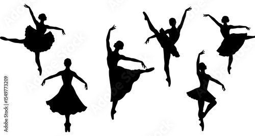 Ballerina Silhouette Set – Elegant Ballet Dancer Poses in Tutu Dress for Performing Arts, Dance Studio, or Vector Design