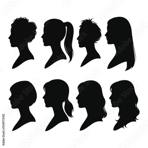 Elegant Female Silhouettes Depicting Diverse Hairstyles A Collection of Timeless Beauty and Style for Graphic Design or Creative Projects