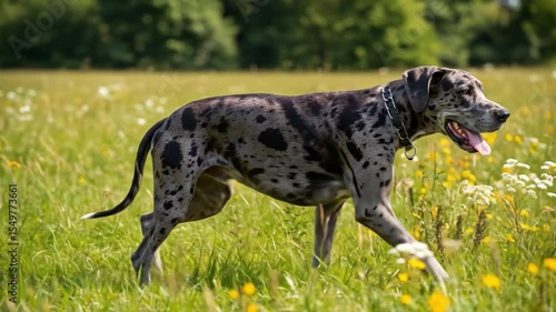 Wallpaper Mural Spotted dog walking in green grass under sunlight, exploring outdoors with joyful expression Torontodigital.ca