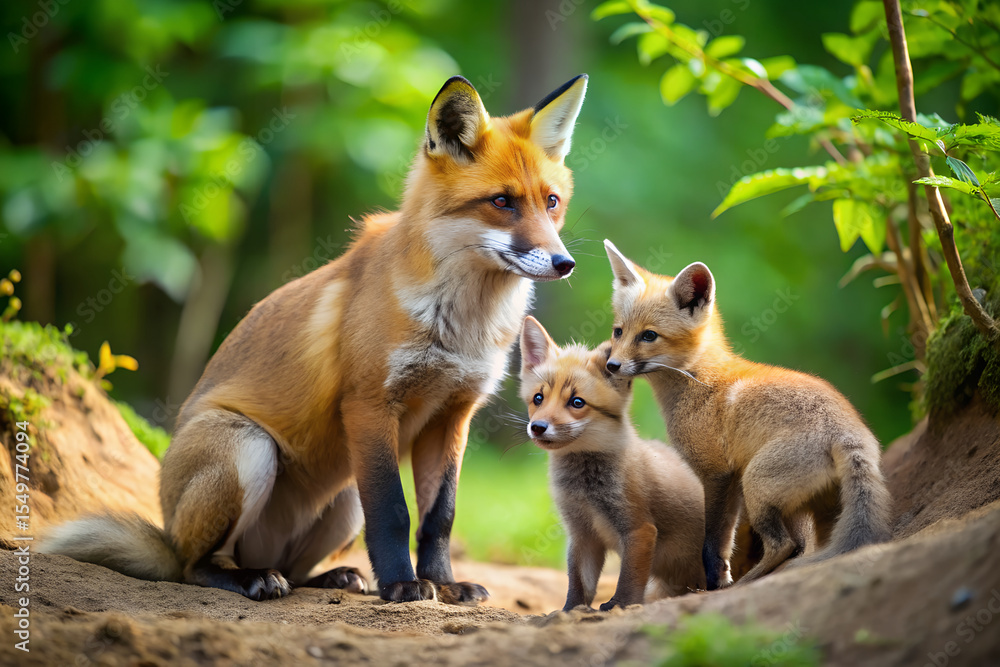 Fototapeta premium A fox and her kits playing near a forest den generative ai