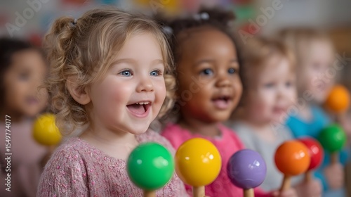 Diverse group of joyful toddlers playing music together
