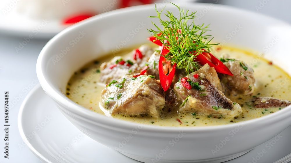 A vibrant, close-up shot of authentic Thai green curry, garnished with fresh ingredients. A vibrant, close-up shot of authentic Thai green curry, garnished with fresh ingredients.