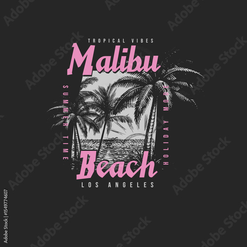 Malibu Beach Los Angeles palm tree scene vector illustration graphic