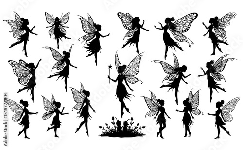 Silhouettes of Magical Fairies with Wings in Various Flying and Standing Poses for Fantasy Kids Art